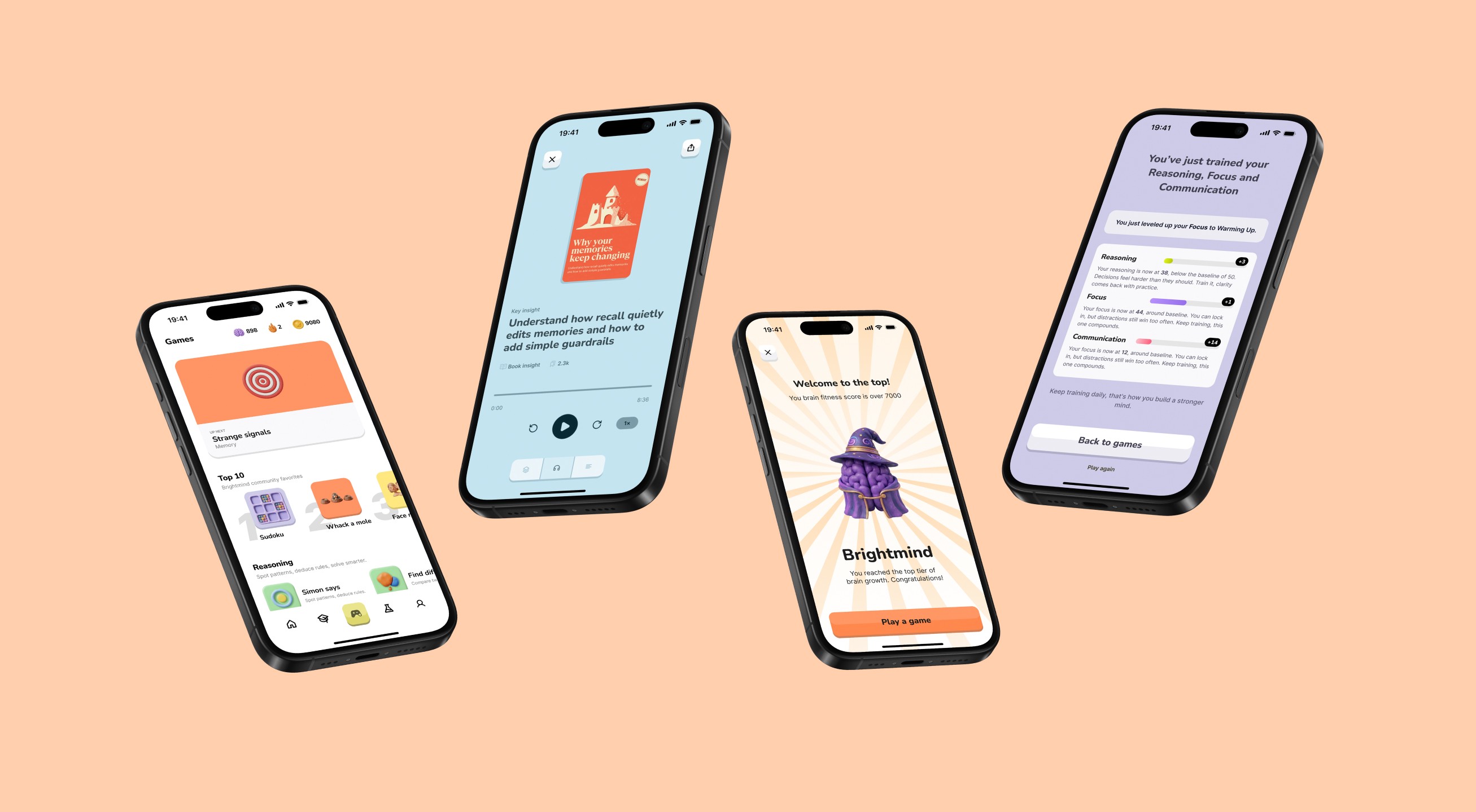 The Brightmind Pro app shown on four phones